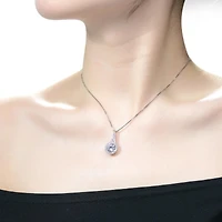 Sterling Silver with Haloed Clear Round Cubic Zirconia Solitaire with a Split Bail Necklace