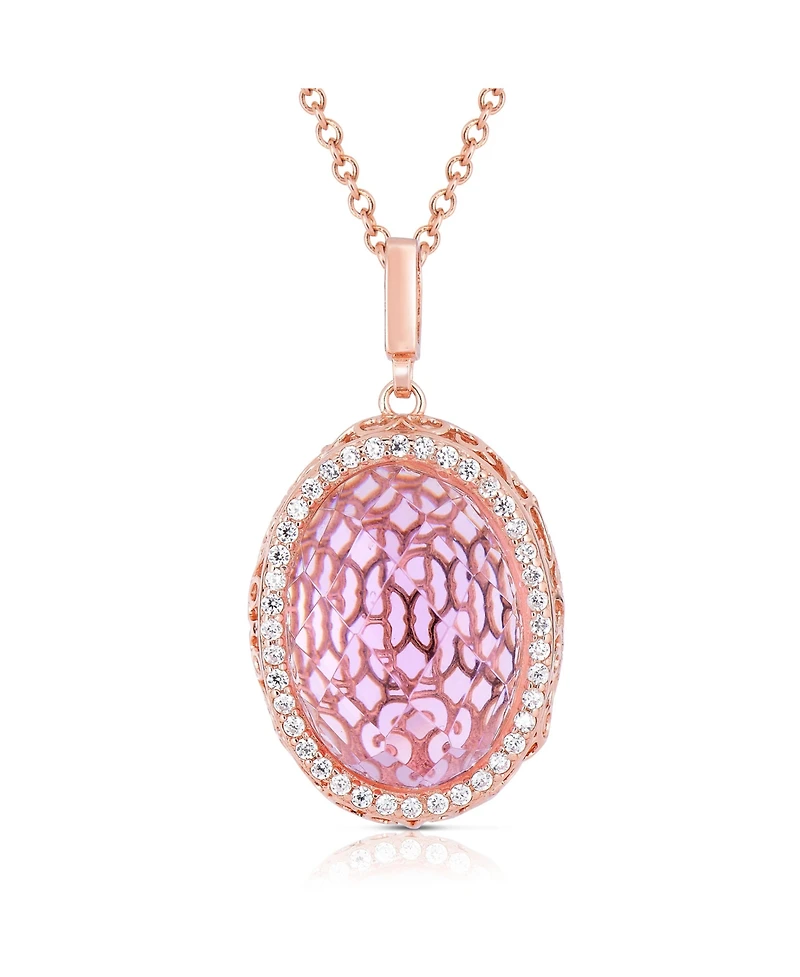 Sterling Silver 18K Rose Plated Cubic Zirconia Oval Pink Pendant