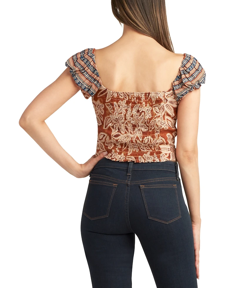 Bcx Juniors' Printed Square-Neck Puff-Sleeve Top