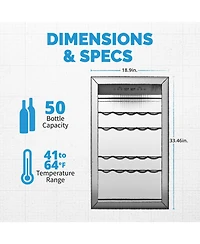 Newair 20” Wine Refrigerator – 50 Bottle Wine Cooler, Single Zone Freestanding Wine Fridge in Stainless Steel, Wine Chiller with Adjusta