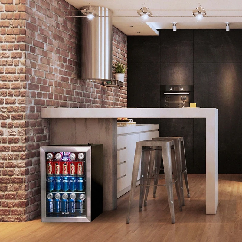 Newair 90 Can Beverage Refrigerator Cooler, Freestanding Small Mini Fridge in Stainless Steel for Home, Office or Bar