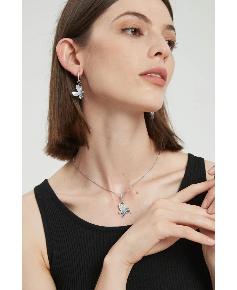 Pave Butterfly Dangle Drop Hoop Earrings
