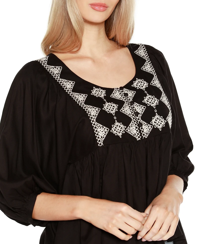 Belldini Black Label Embroidered Boho Fit-and-Flare Top
