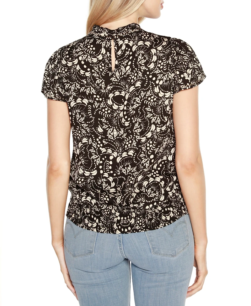 Belldini Black Label Embellished Printed Cap-Sleeve Blouse