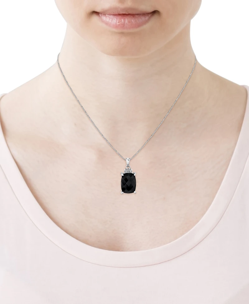 Onyx Cushion-Cut & Diamond Accent 18" Pendant Necklace in Sterling Silver
