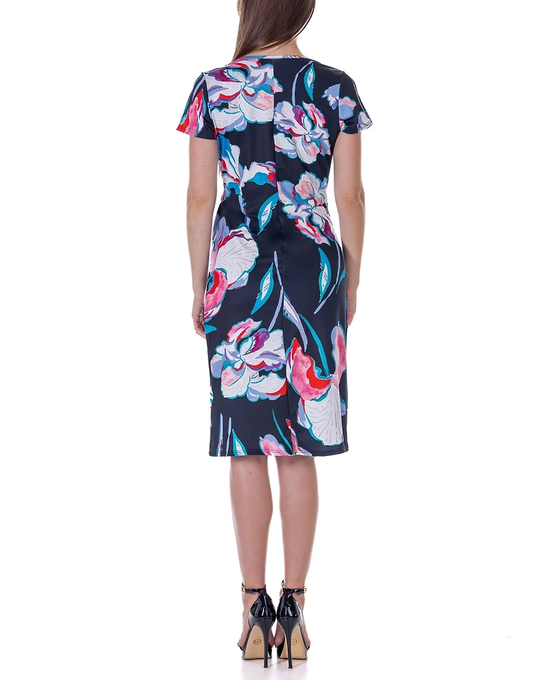 24seven Comfort Apparel Print Knee Length Short Sleeve Faux Wrap Dress