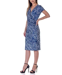 24seven Comfort Apparel Print Knee Length Short Sleeve Faux Wrap Dress