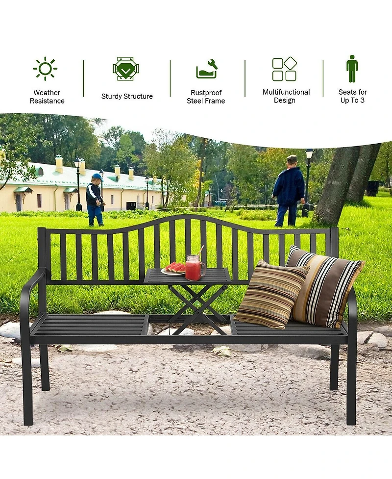 Slickblue Patio Garden Bench Steel Frame with Adjustable Center Table