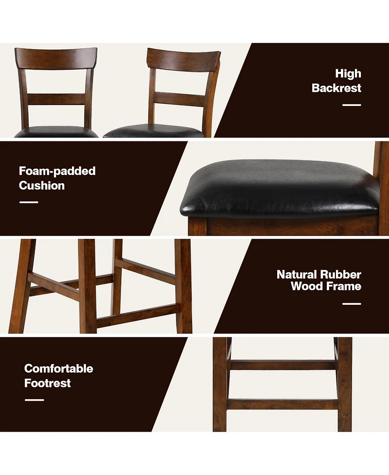 Sugift 2 Pieces Counter Height Chair Set with Leather Seat and Rubber Wood Legs