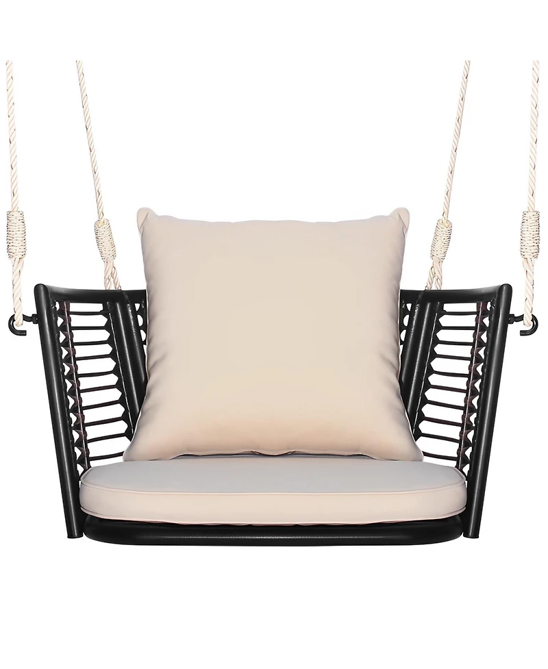 Sugift Single Person Hanging Seat with Woven Rattan Backrest for Backyard