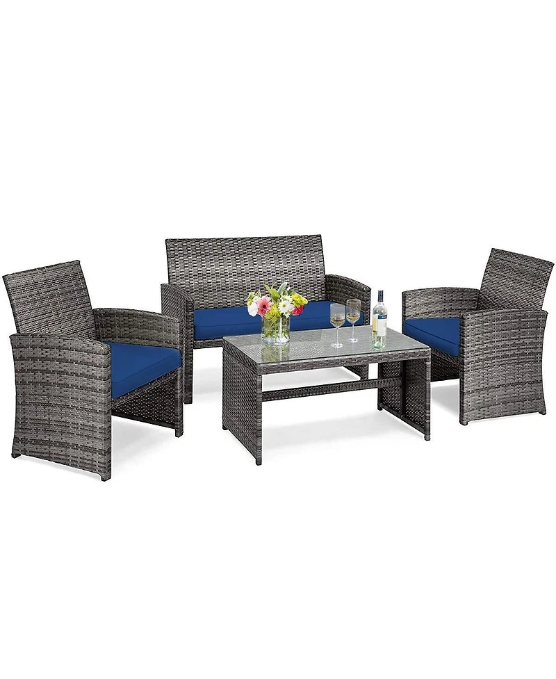 Sugift 4 Pieces Patio Rattan Furniture Set with Glass Table and Loveseat