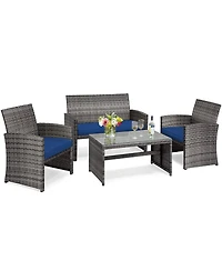 Sugift 4 Pieces Patio Rattan Furniture Set with Glass Table and Loveseat