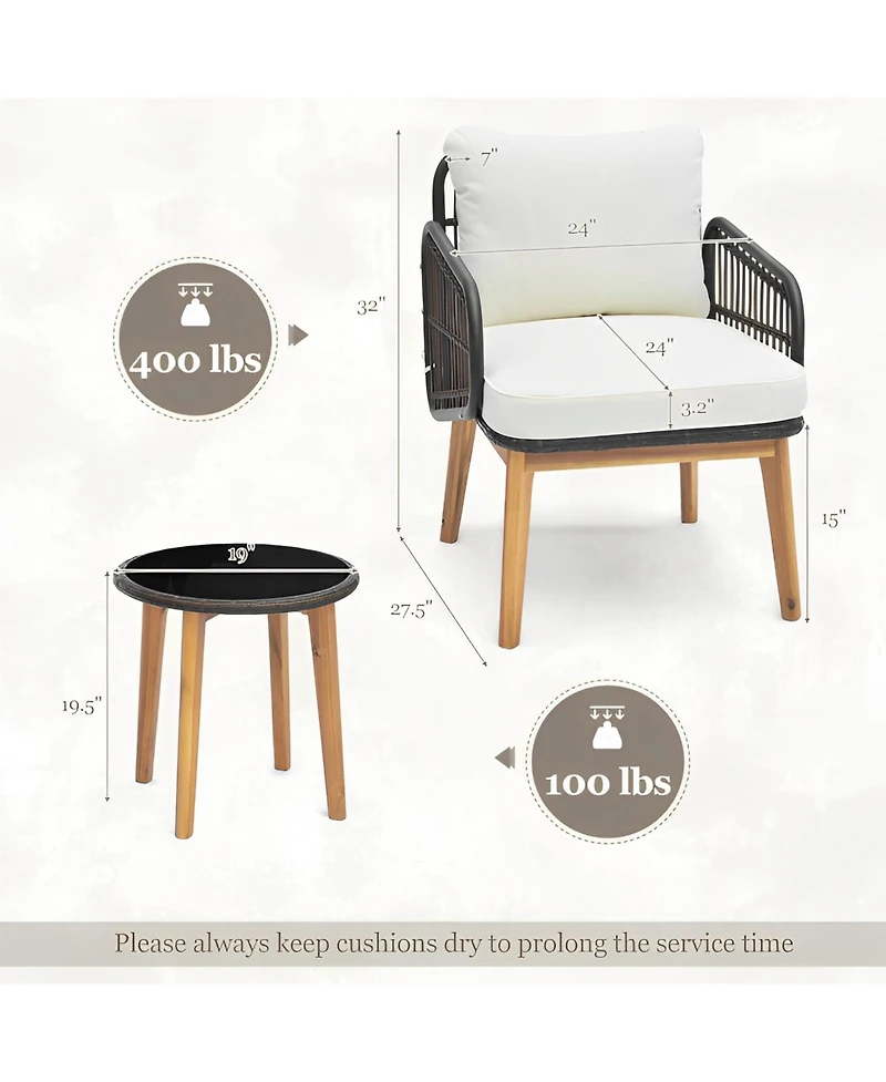 Inolait 3 Pieces Patio Furniture Set with Cushioned Chairs and Tempered Glass Side Table
