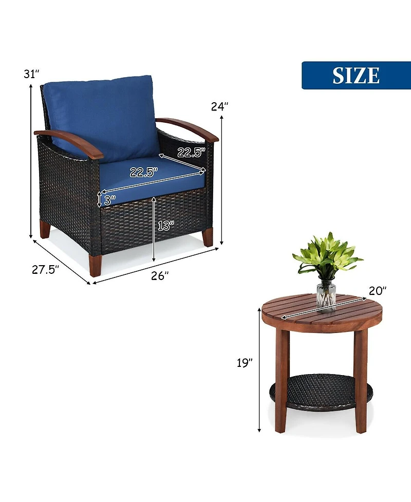 Sugift 3 Pieces Patio Wicker Furniture Set with Washable Cushion and Acacia Wood Tabletop