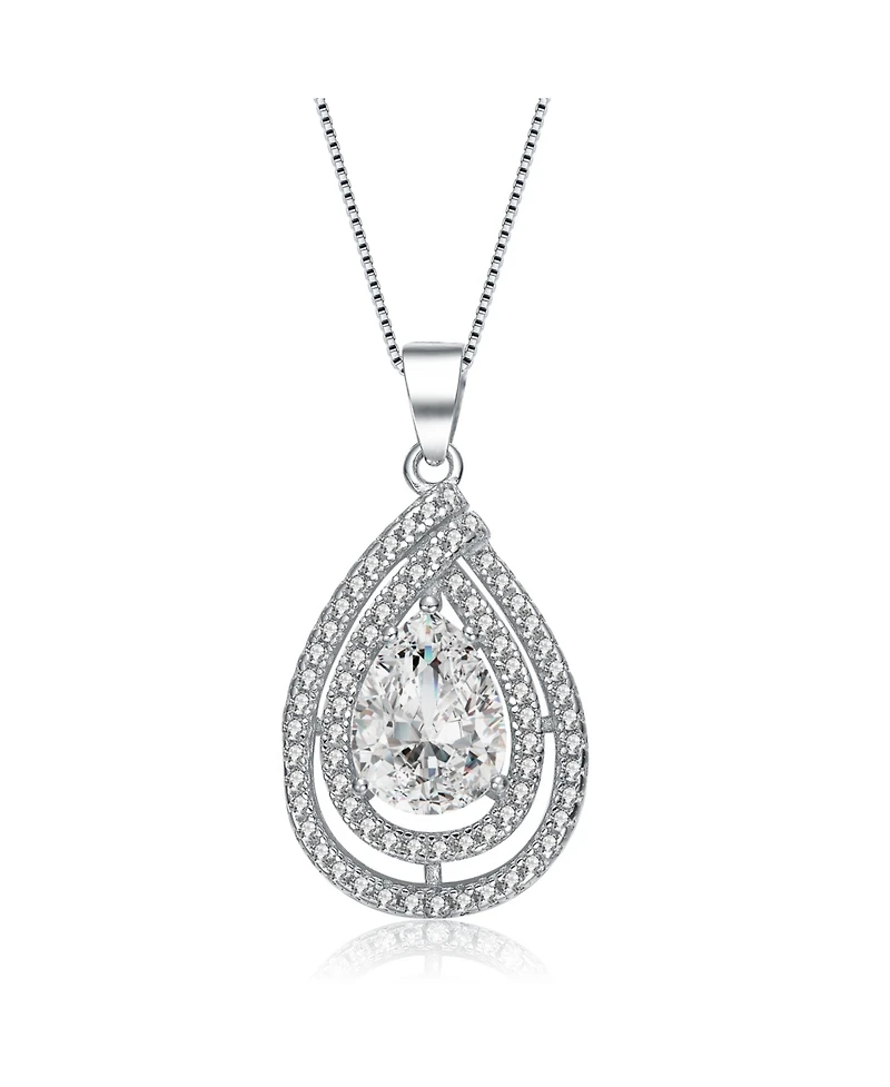 Cubic Zirconia Sterling Silver White Gold Plated Pear Shape Pendant