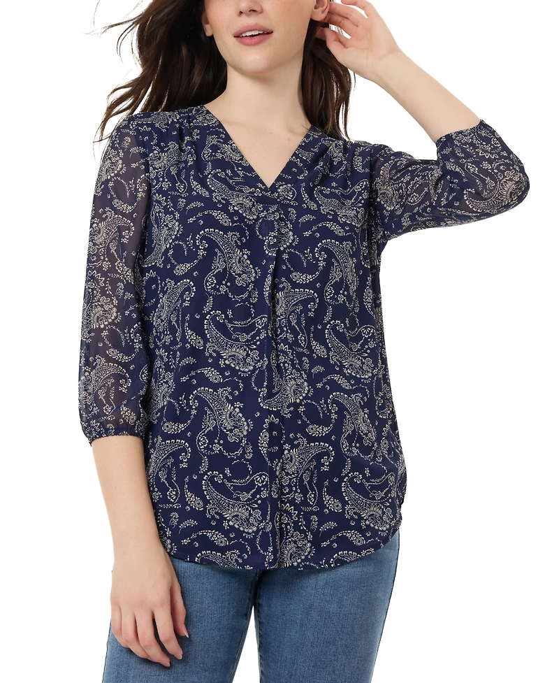 Jones New York Women's Kelly Printed Sheer-Sleeve Pleated Blouse