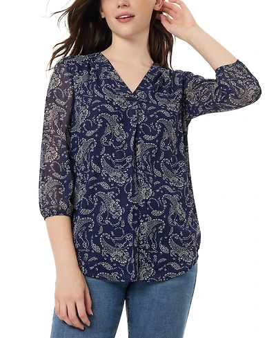 Jones New York Women's Kelly Printed Sheer-Sleeve Pleated Blouse