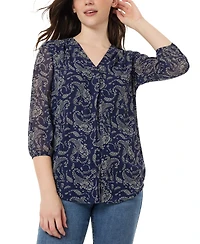 Jones New York Women's Kelly Printed Sheer-Sleeve Pleated Blouse