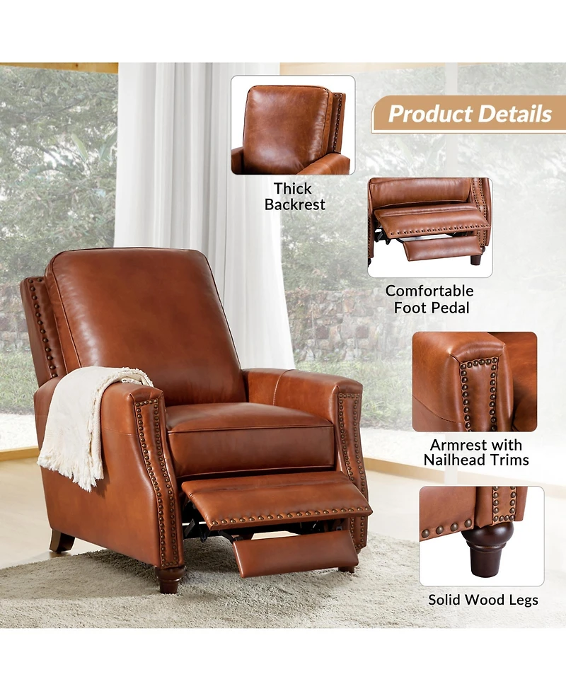 Bellino Modern Genuine Leather Recliner with Nailhead Trim