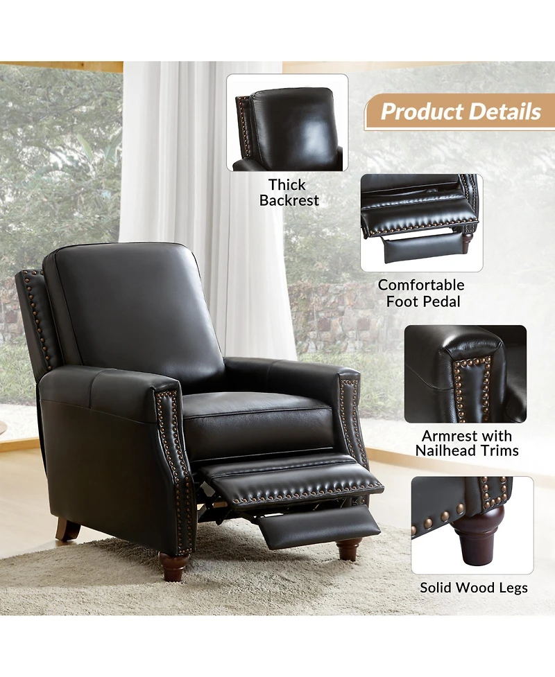Bellino Modern Genuine Leather Recliner with Nailhead Trim
