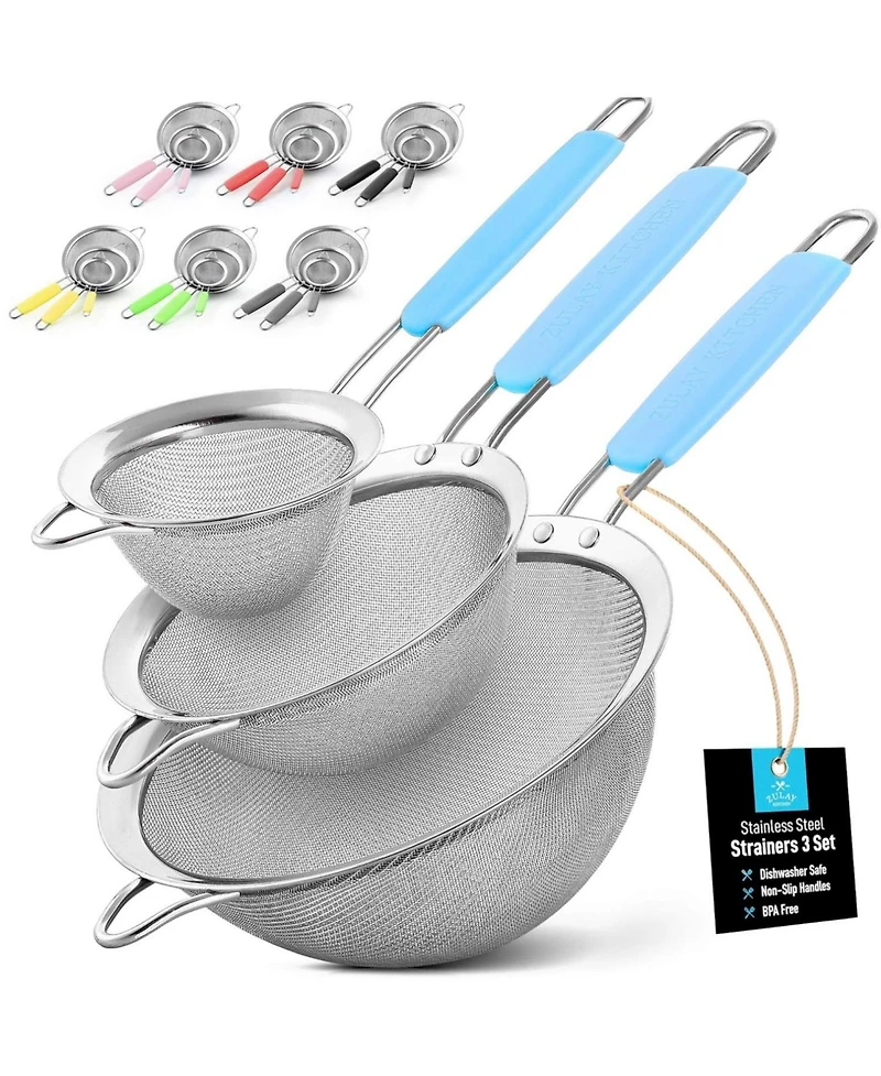 Premium Stainless Steel Fine Mesh Strainer Set - Strainers for Kitchen (Set of 3) with Non-slip Handles