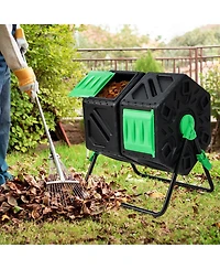 Slickblue Dual Chamber Garden Compost Tumbler with Sliding Doors-Black & Green
