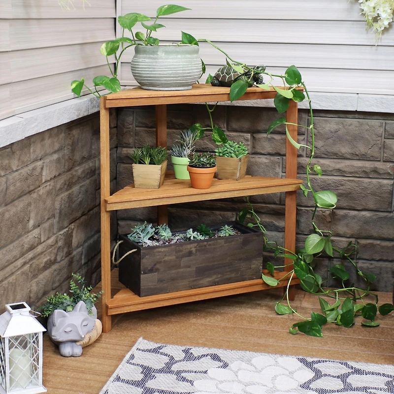 Meranti Wood 3-Tier Corner Plant Stand Shelves with Teak Oil Finish - Indoor/Outdoor Wooden Planter Furniture