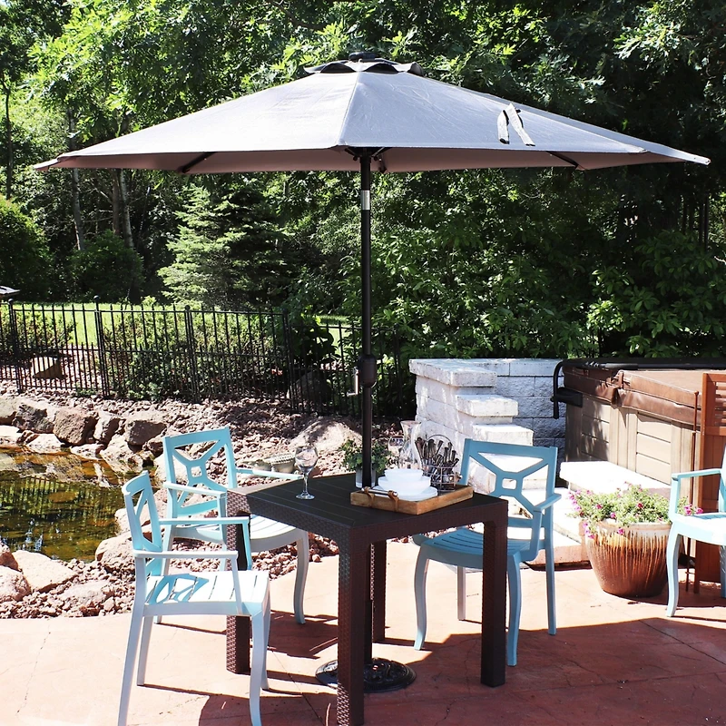 9-Foot Patio Umbrella with Solar Led Lights and Push Button Tilt - Aluminum Pole and Polyester Canopy - Gray
