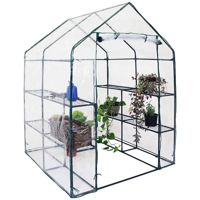 Outdoor Portable Growing Rack Grandeur Mini Walk-In Greenhouse with Roll-Up Door - 4 Shelves - Clear