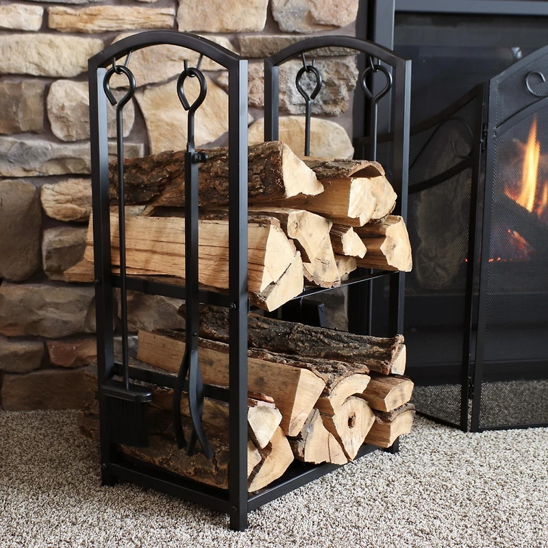 5pc Indoor/Outdoor Steel Log Holder with Fireplace Tool Set, Tongs, Poker, Shovel and Brush - Black