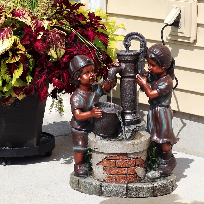 Sunnydaze Decor 24-Inch Jack and Jill at Farmhouse Pump Outdoor Water Fountain - Electric Submersible Pump with Adjustable Flow