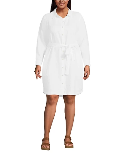 Lands' End Women's Plus Long Sleeve Linen Shirt Dress