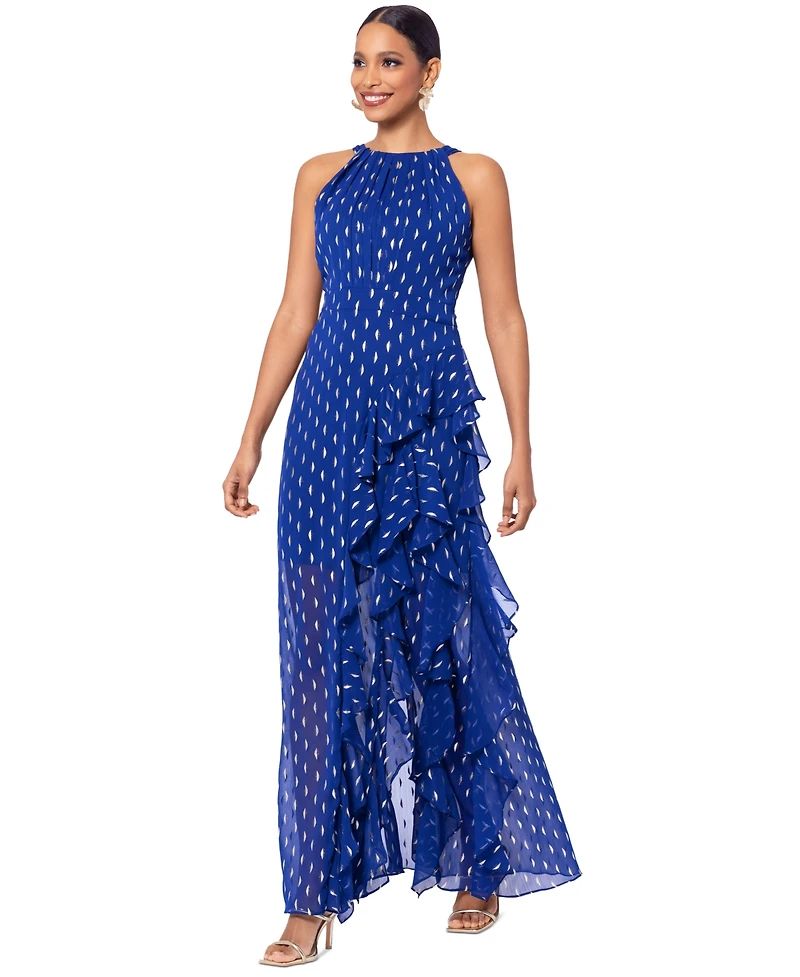 Betsy & Adam Petite Printed Ruffled Halter Gown