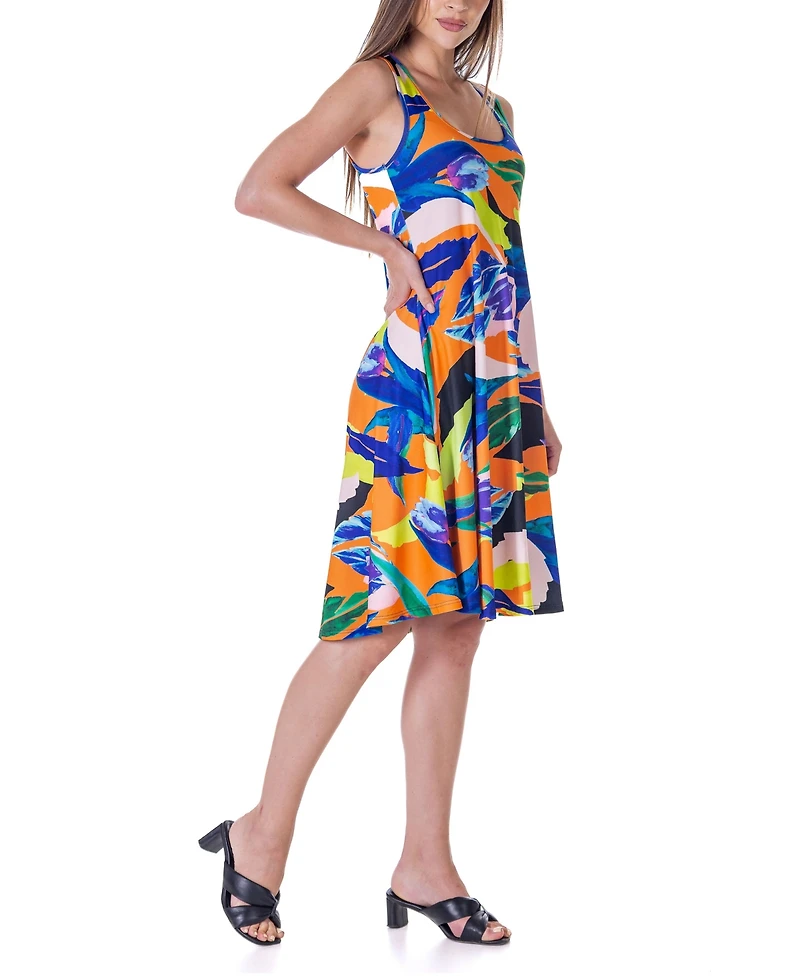 24seven Comfort Apparel Women's Print Sleeveless Knee Length Tank Swing Dress