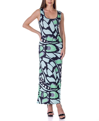 24seven Comfort Apparel Women's Green Butterfly Print Casual Razorback Tank Maxi Dress