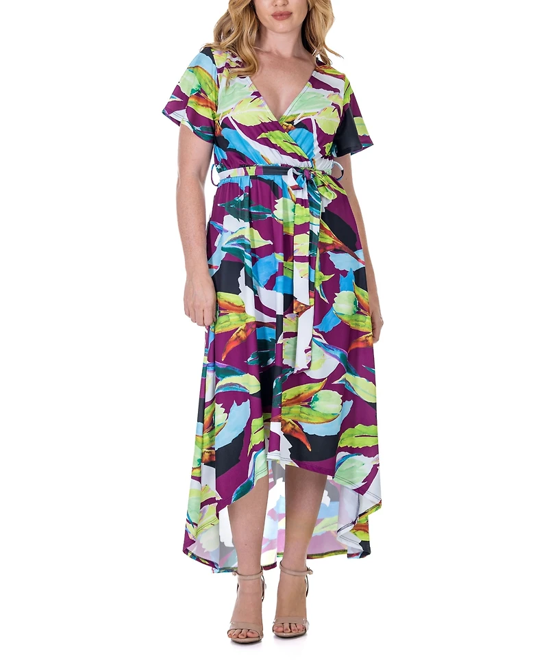 24seven Comfort Apparel Print V Neck Belted High Low Faux Wrap Dress