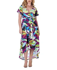 24seven Comfort Apparel Print V Neck Belted High Low Faux Wrap Dress