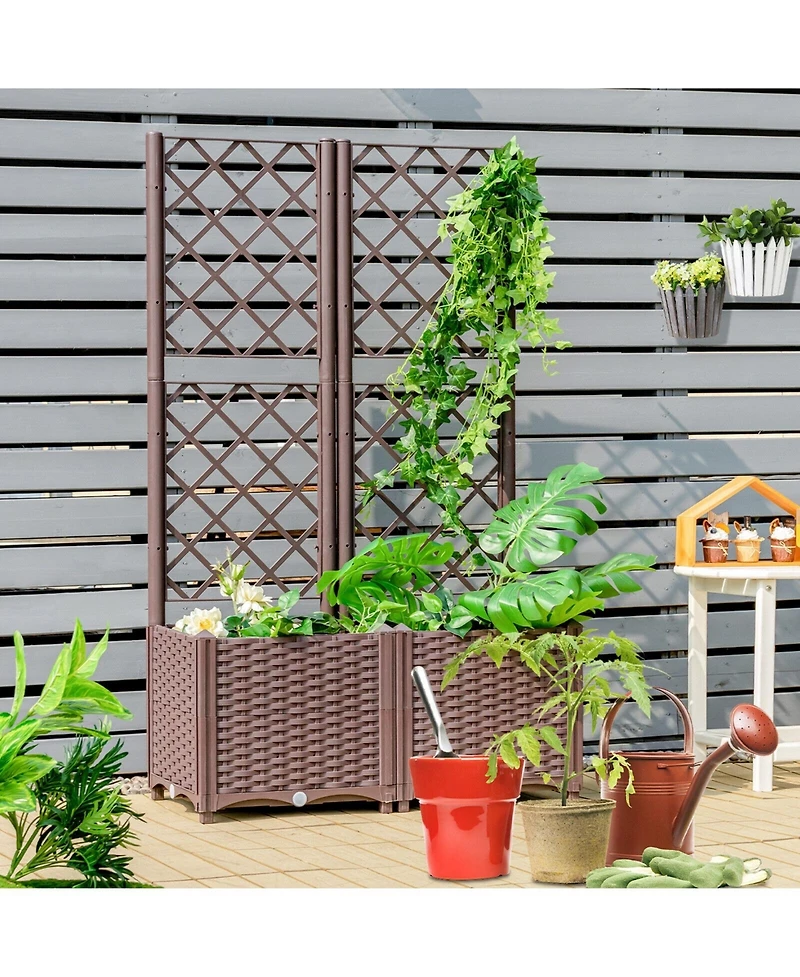 Slickblue Raised Garden Bed with Trellis Planter Box for Climbing Plants-Brown