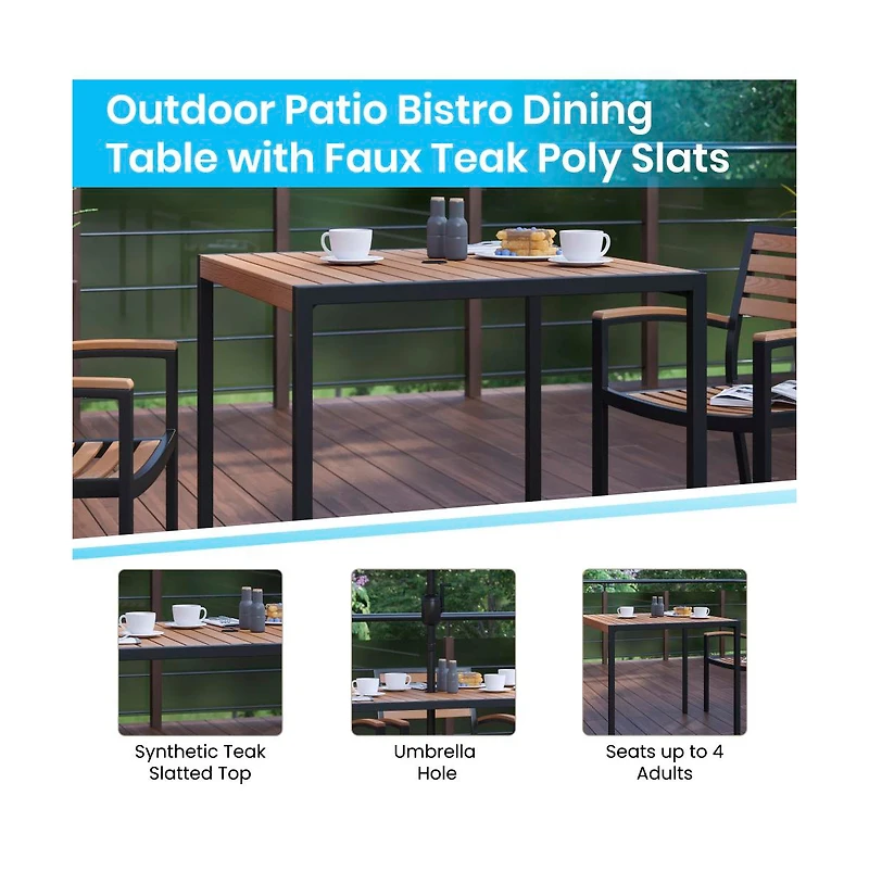 Hampstead Five Piece Faux Teak Patio Dining Set Includes Table, Two Club Chairs, 9' Patio Umbrella And Base