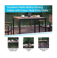 Hampstead Five Piece Faux Teak Patio Dining Set Includes Table, Two Club Chairs, 9' Patio Umbrella And Base