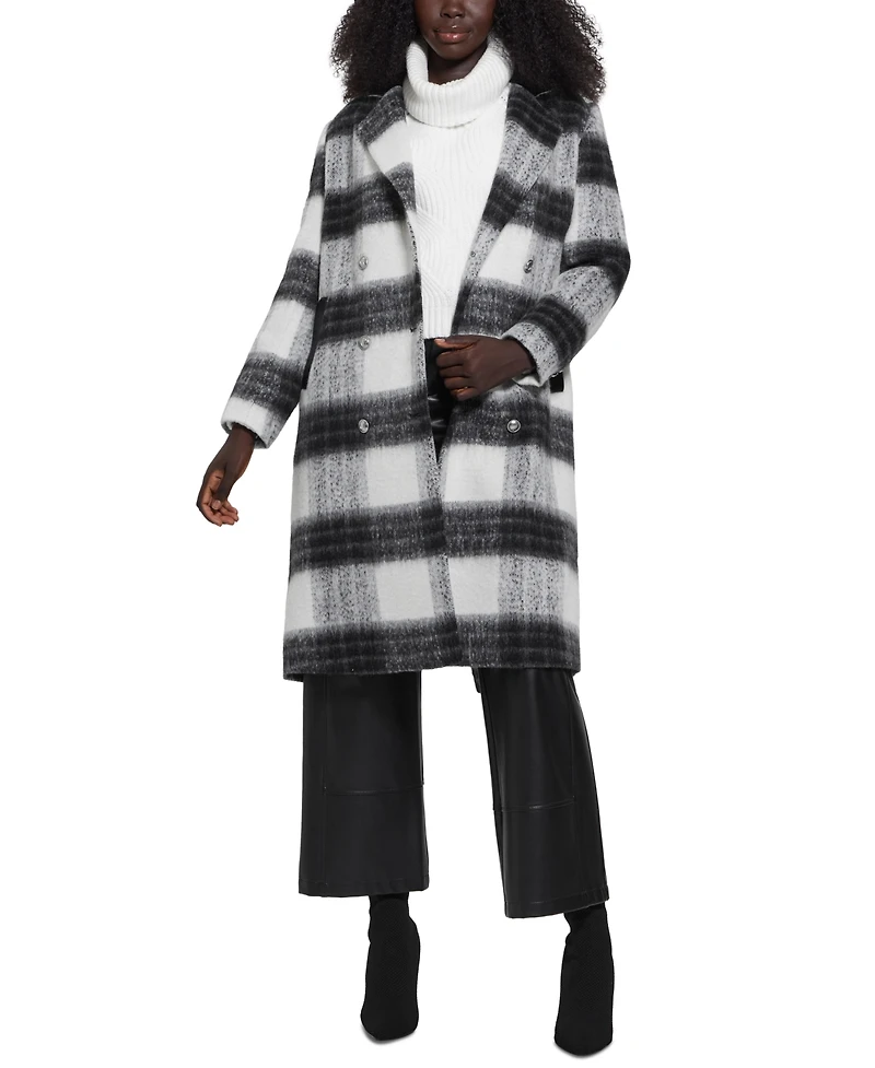 Guess Women's Double-Breasted Mid-Length Plaid Coat