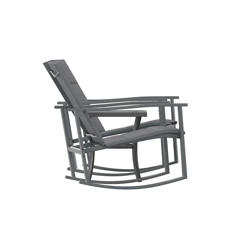 Brevyn 3 Piece Outdoor Bistro Set With Flex Comfort Rocking Chairs And Steel Framed Glass Top Table