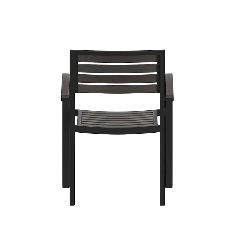 Set Of Two Aluminum Stacking Chairs With Faux Teak Slatted Back And Seat Accented Arms