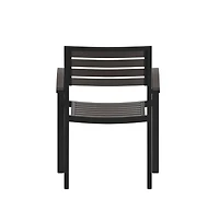 Set Of Two Aluminum Stacking Chairs With Faux Teak Slatted Back And Seat Accented Arms