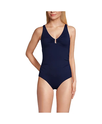 Lands' End Women's Chlorine Resistant Shirred V-neck One Piece Swimsuit