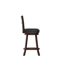 Silla 24" Classic Wooden Ladderback Swivel Counter Height Stool With Upholstered Padded Seat And Integrated Footrest