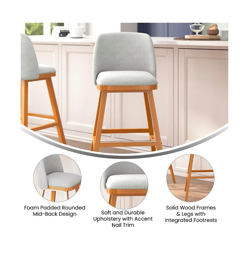 Jada Upholstered Mid-Back Stools With Nailhead Accent Trim & Wood Frames
