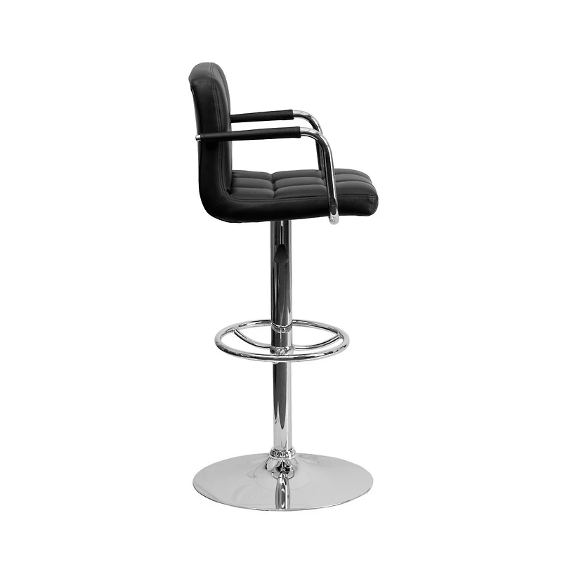 Contemporary Quilted Vinyl Adjustable Height Barstool With Arms