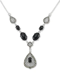 Onyx & Marcasite (1/2 ct. t.w.) Teardrop Pendant Necklace in Sterling Silver, 18" + 2" extender
