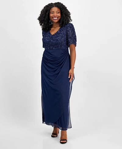 Alex Evenings Plus Size Soutache Embellished Short-Sleeve Gown